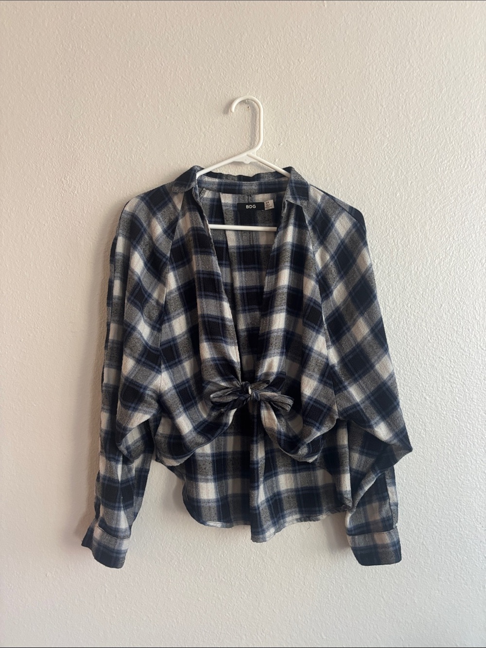 BDG Navy and White Plaid Tie-Front Flannel Shirt